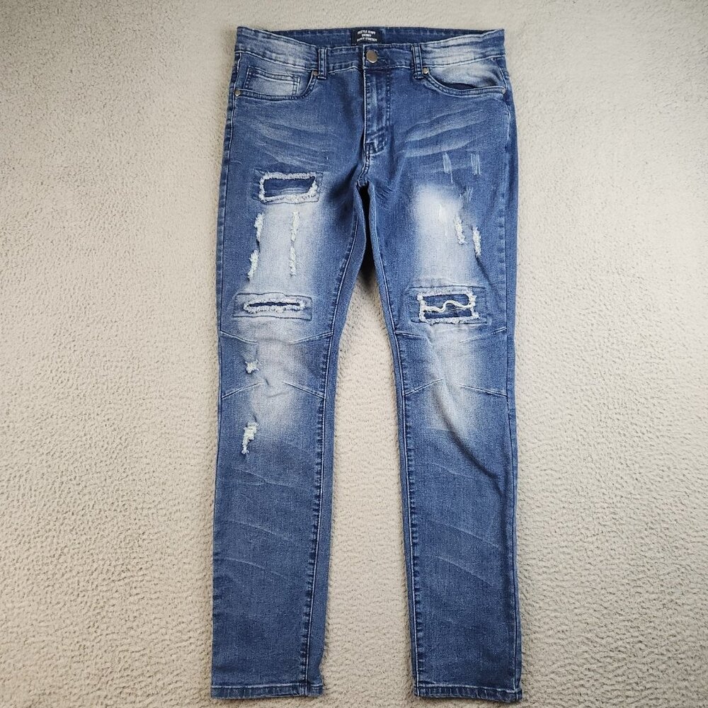 Mens Slim Fit Tapered Skinny Jeans 36x30 Blue Dark Wash Super Stretch Distressed